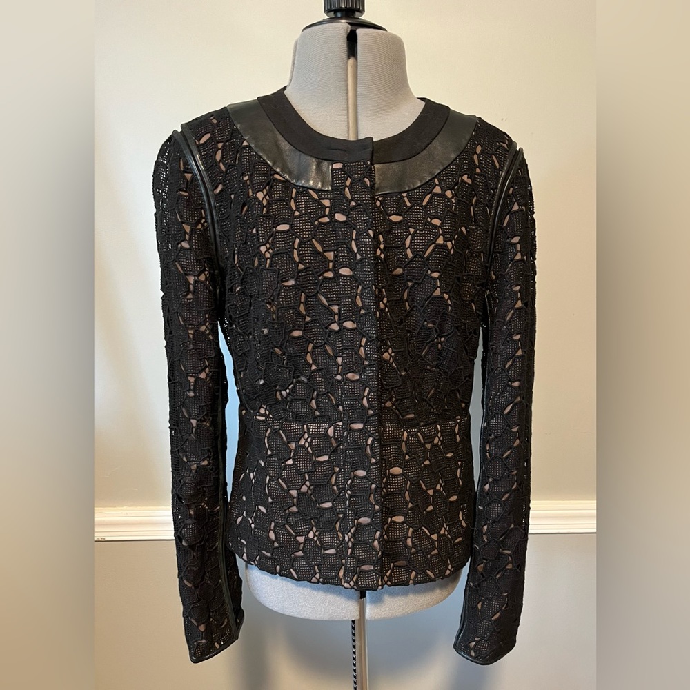 Diane von Furstenberg Black Lace Jacket with Leather Trim Size 8